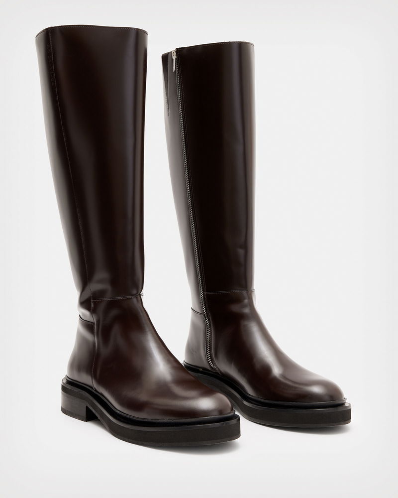 ALLSAINTS Milo Knee High Leather Boots in Bordeaux Red | Endource