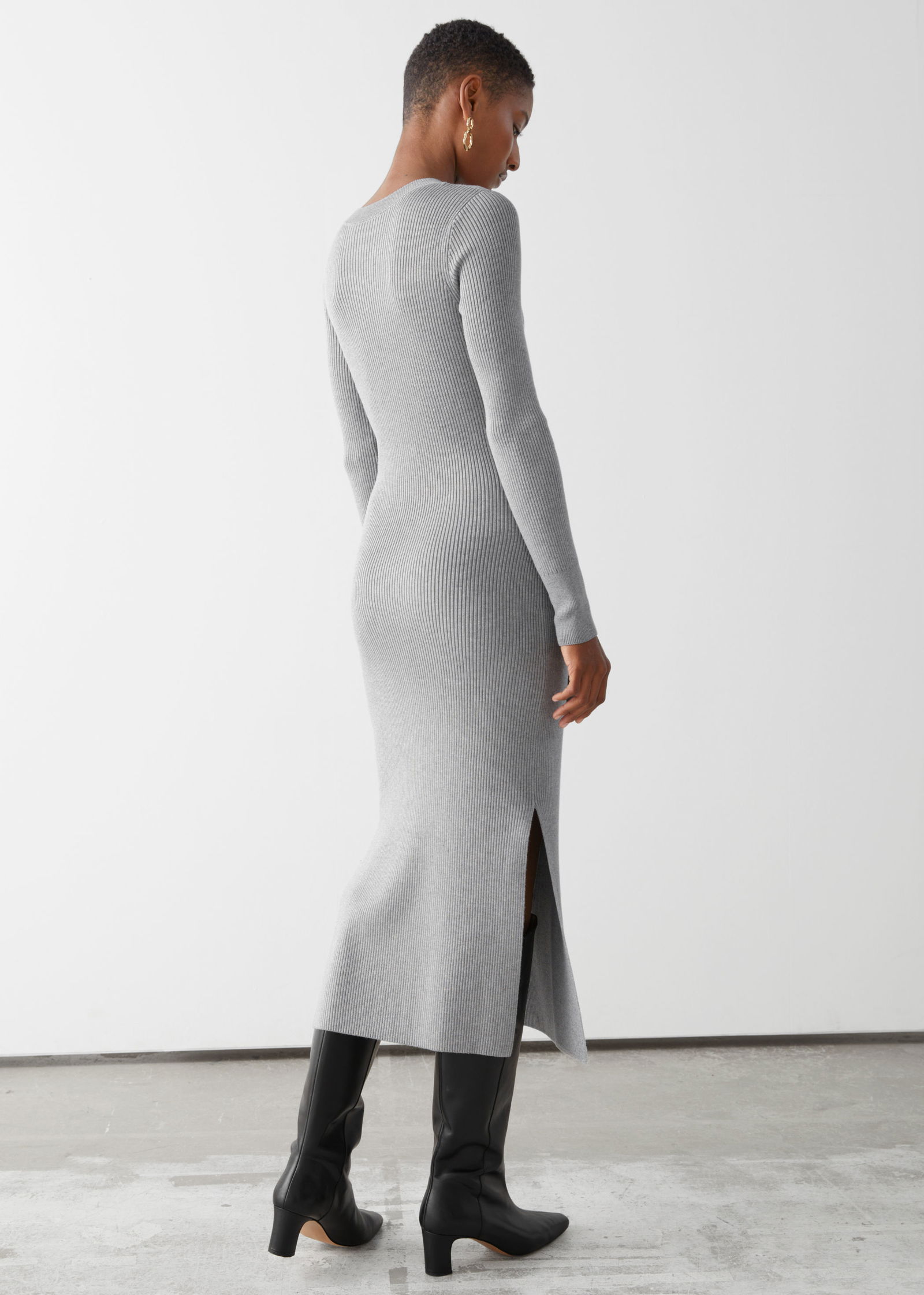 knee length dresses for ladies Grey Midi Dress Long Sleeve Bodycon Ribbed