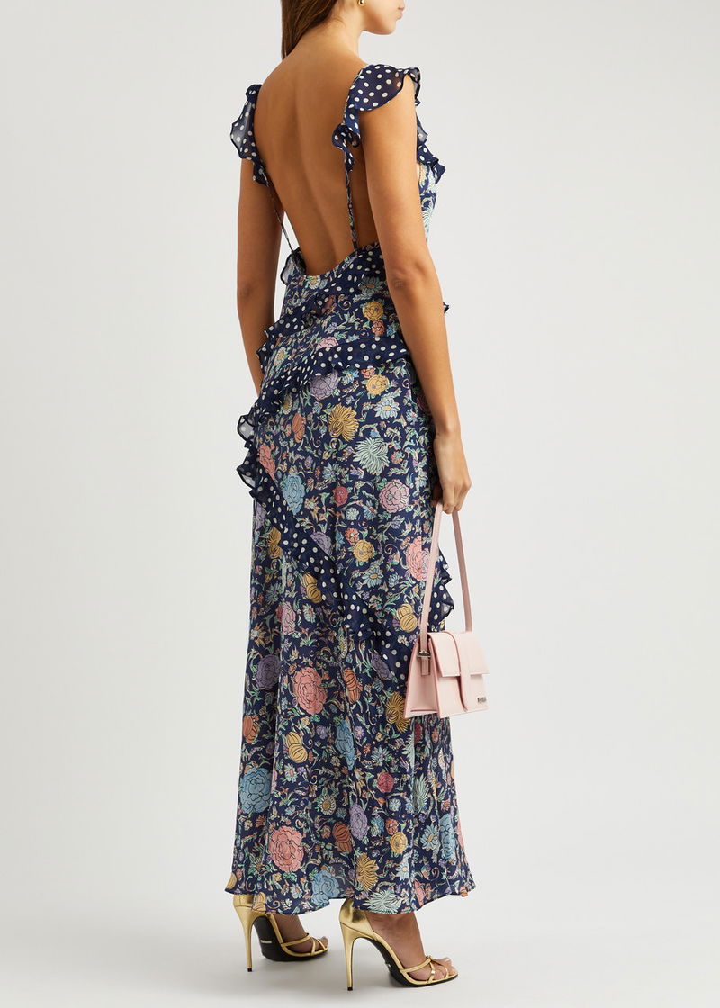 RIXO Gail Printed Ruffled Silk Maxi Dress endource