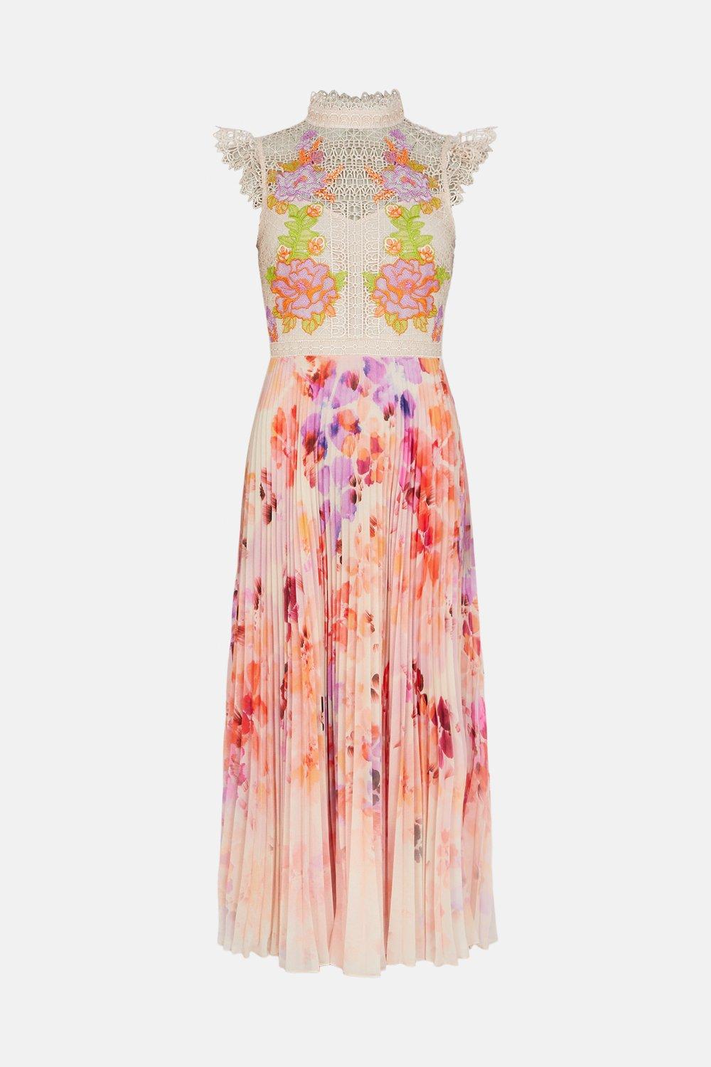 KAREN MILLEN Guipure Lace Floral Woven Pleat Dress | endource