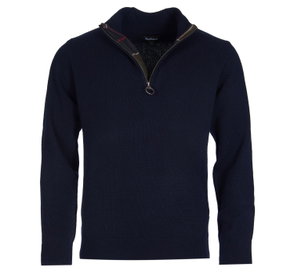 Navy Barbour textured zip-neck sweater with a tartan lining