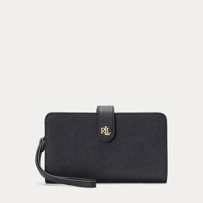 Black leather wallet with gold RL logo and wrist strap.