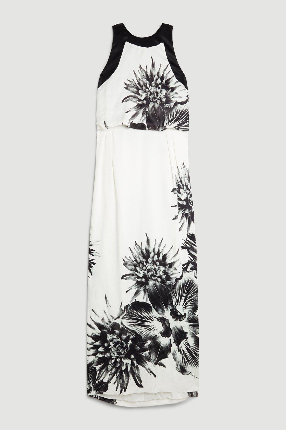 KAREN MILLEN Tall Satin Floral Midi Dress in Mono Endource