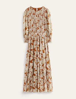 BODEN Smocked Jacquard Maxi Dress in Rust, Paisley Whirl