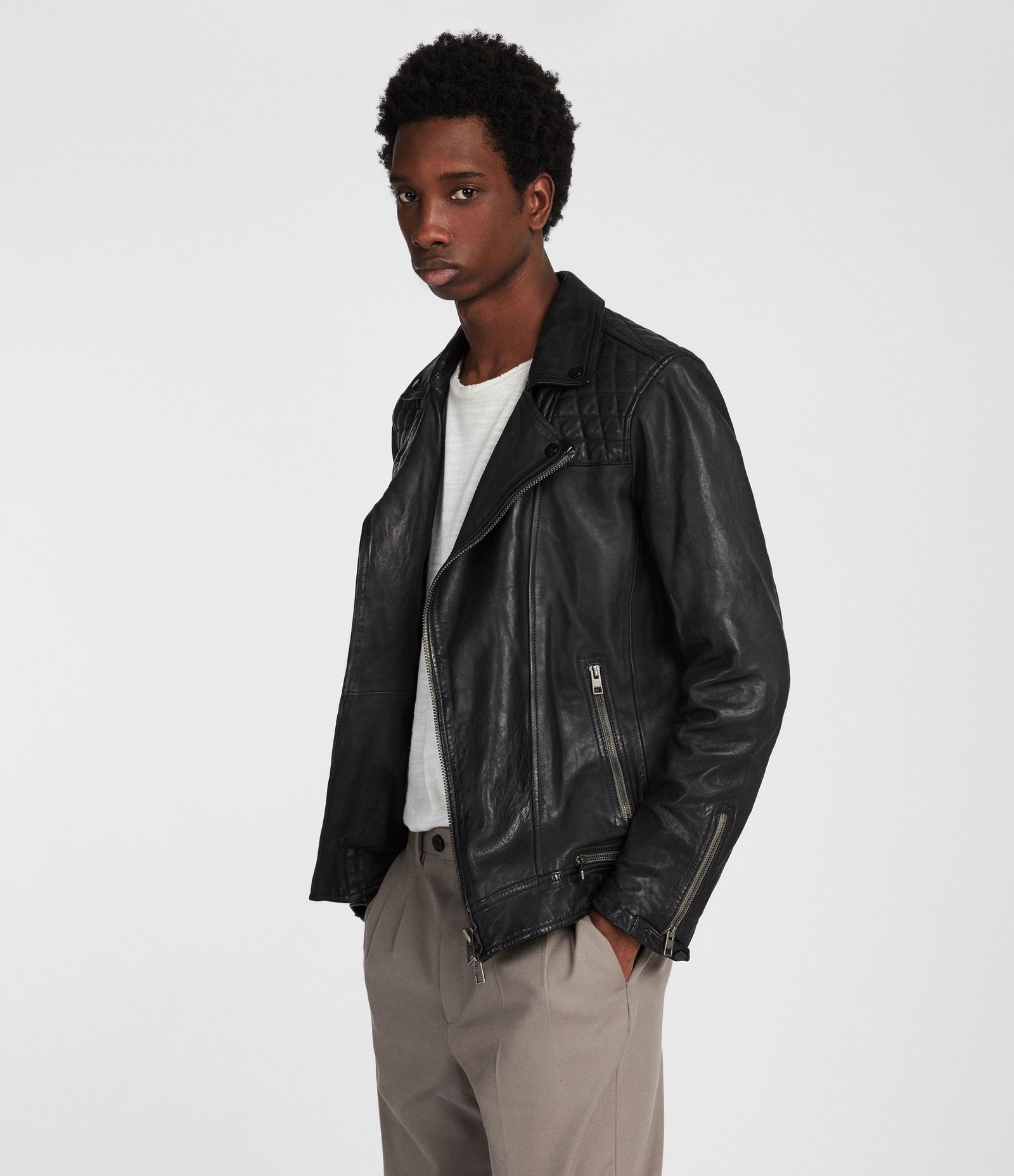 ALLSAINTS Conroy Leather Biker Jacket in Ink Navy | Endource