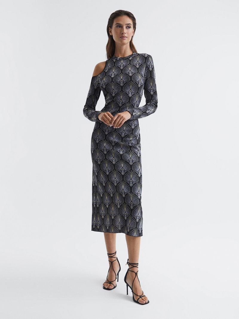 REISS Anja Metallic Jacquard Knitted Midi Dress in Blue | endource