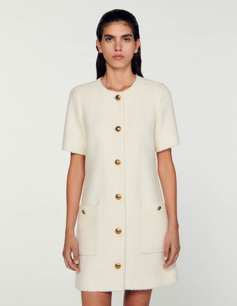sandro tweed coat mini dress Womens Sandro Rose Pale Alize Double Breasted Tweed Mini Dress Size 34 NWT  $370