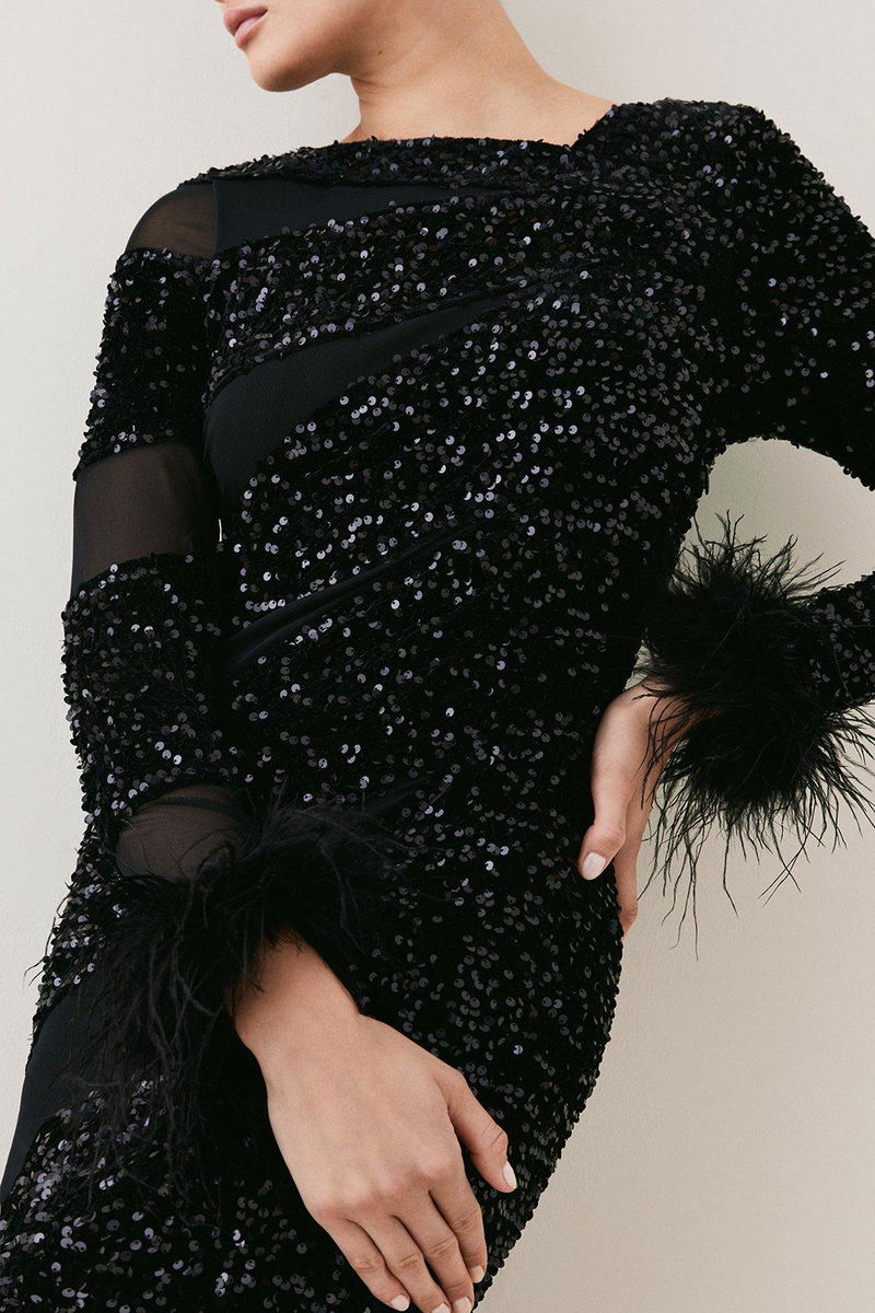 KAREN MILLEN All Over Sequin Feather Cuff Maxi Dress | endource KAREN MILLEN All Over Sequin Feather Cuff Maxi Dress | endource