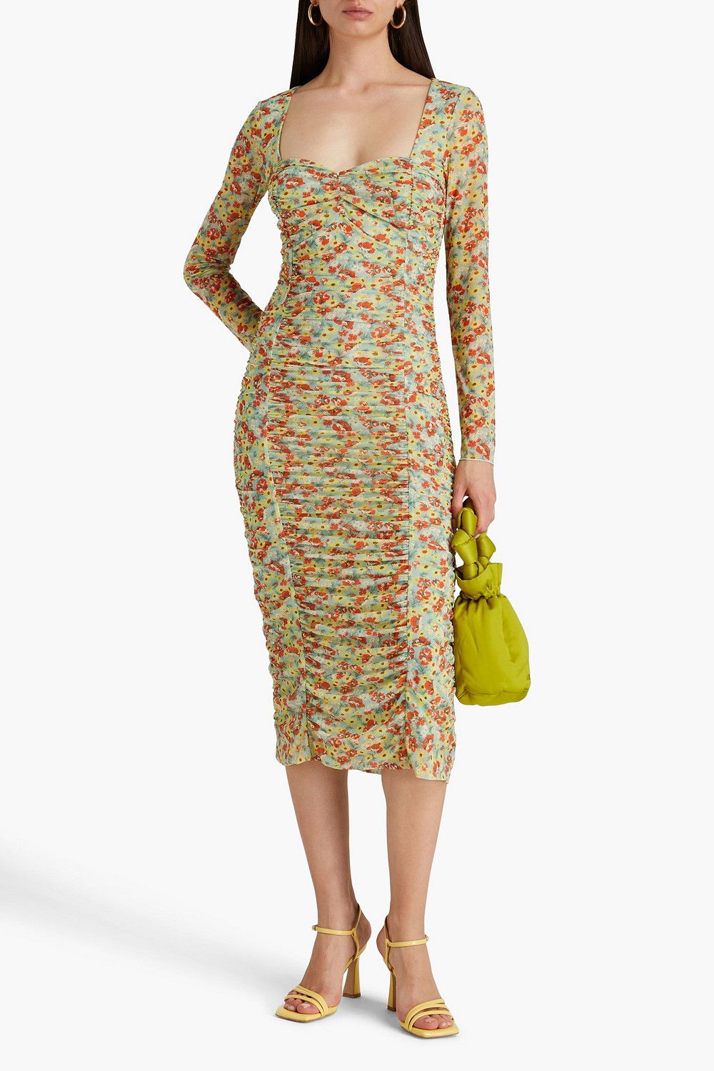 knee length dresses for ladies GANNI floral graphic maxi double layer mesh dress, stretchy fabric (S)