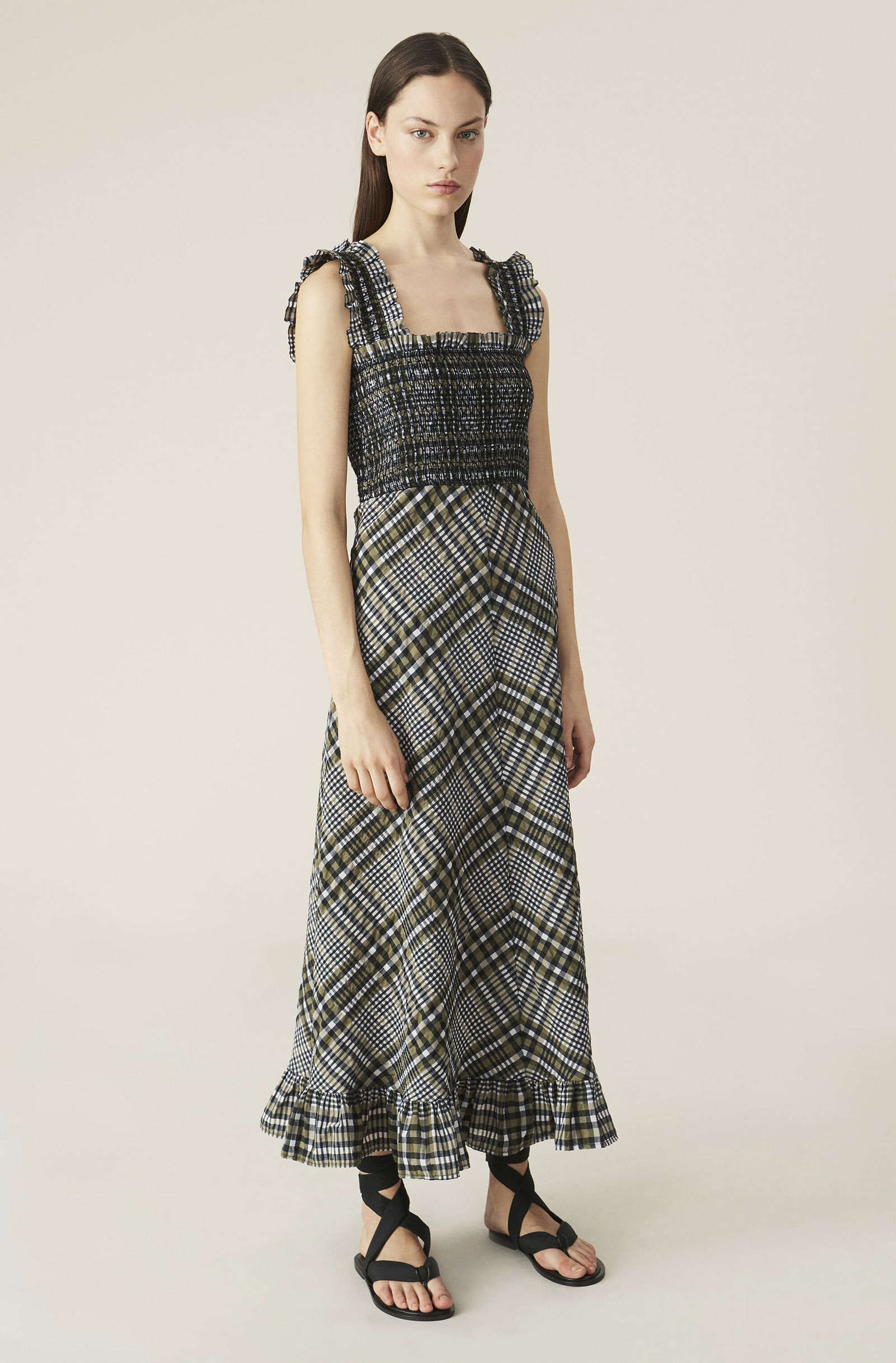 ganni checked maxi dress Ganni Crinkled Check Long Dress
