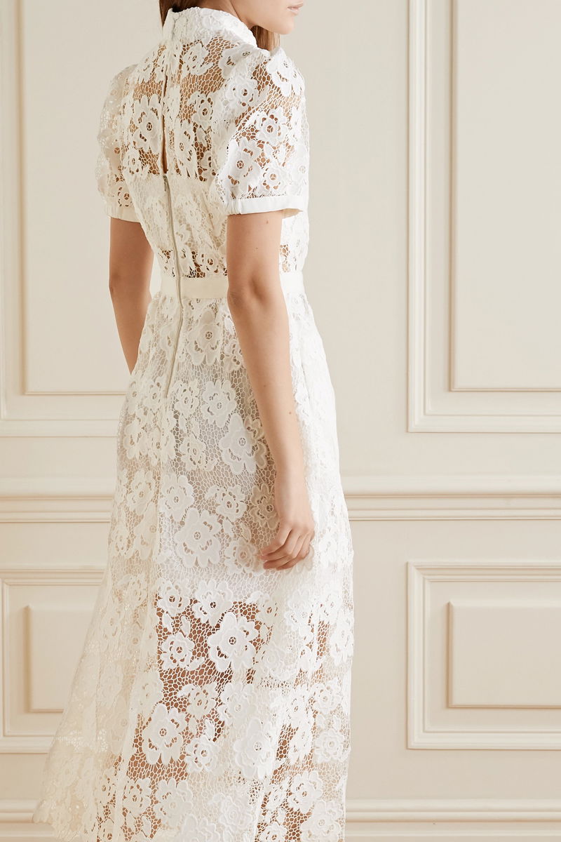 Self Portrait Grosgrain Trimmed Guipure Lace Midi Dress In White Endource