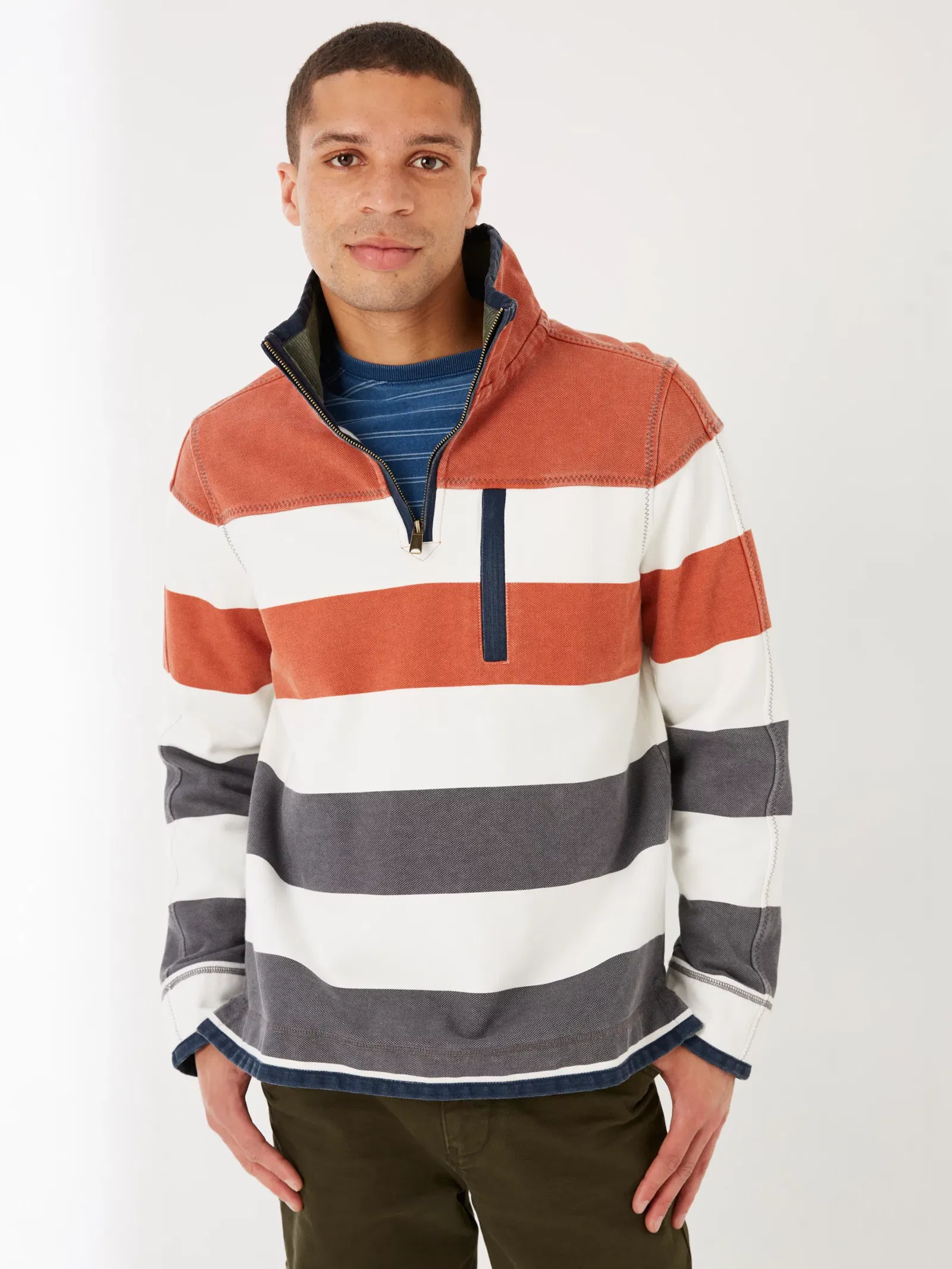 FATFACE Airlie Half Zip Stripe Rugby Sweat Top in Orange | Endource