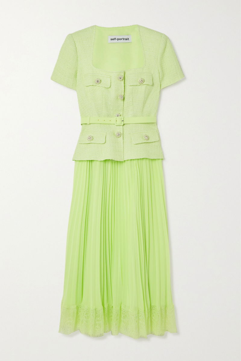 SELF-PORTRAIT Belted Embellished Boucl and Lace-Trimmed Pleated Chiffon Midi Dress | endource SELF-PORTRAIT Belted Embellished Boucl and Lace-Trimmed Pleated Chiffon Midi Dress | endource