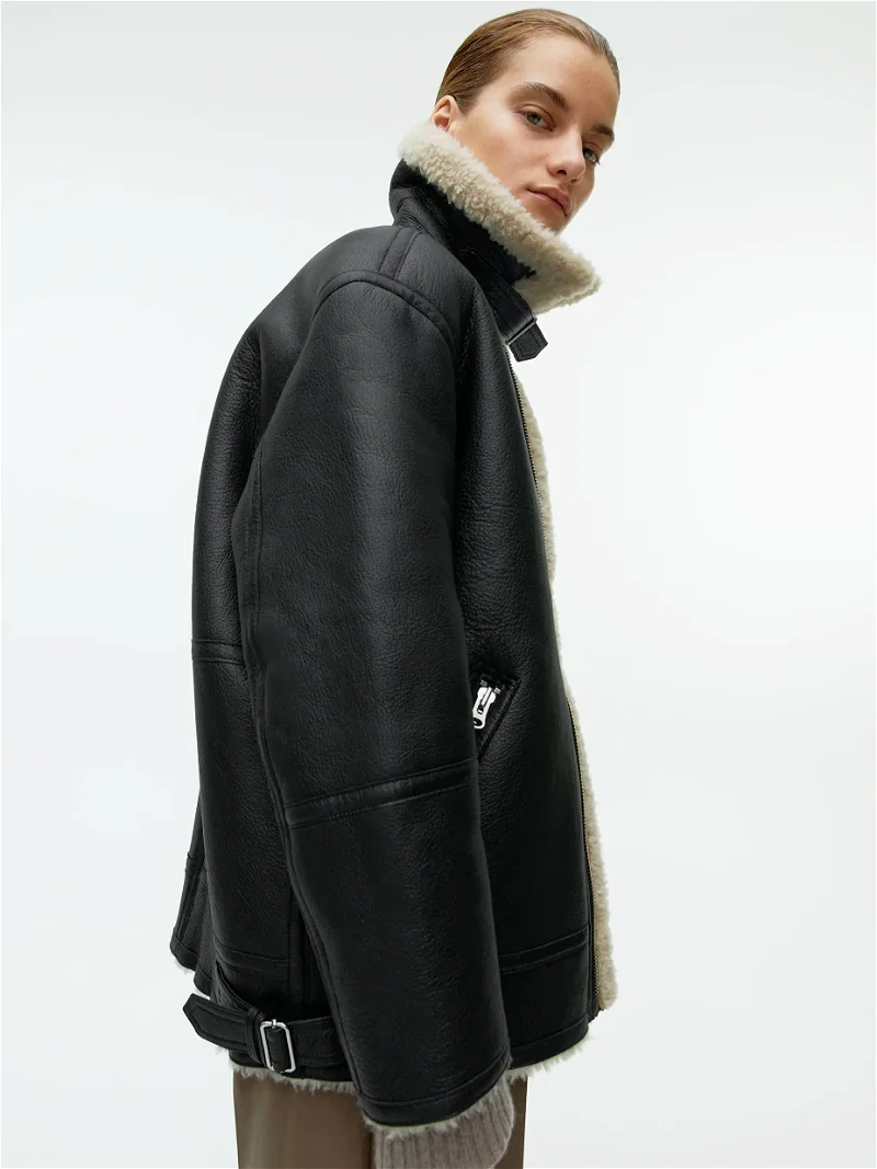 ARKET Pile-Lined Leather Jacket in Black/Beige