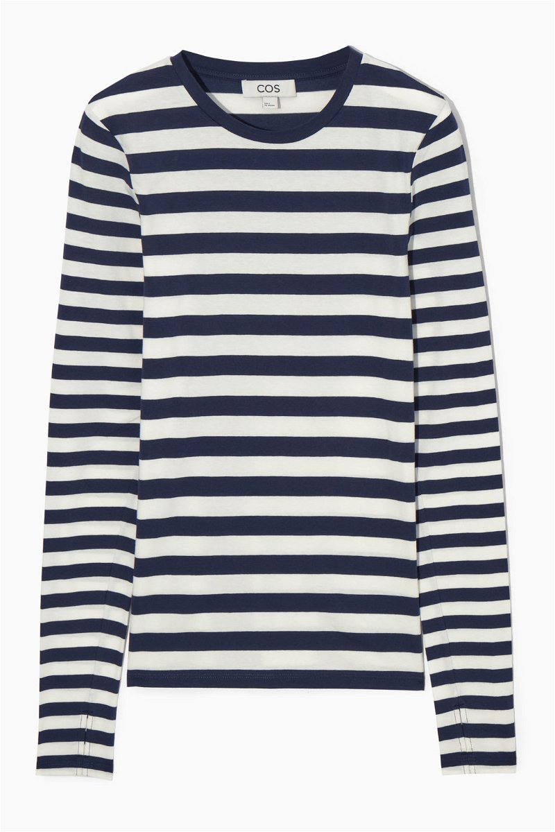 STRIPED KNITTED LONG-SLEEVED T-SHIRT - NAVY / STRIPED - COS