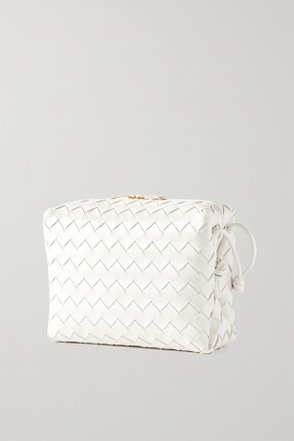 Woven leather pouch with gold clasp and drawstring closure