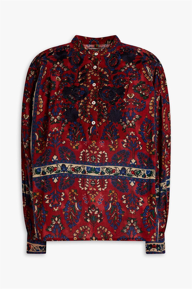 ANTIK BATIK Tamir Printed Embroidered Cotton-Voile Top in Burgundy