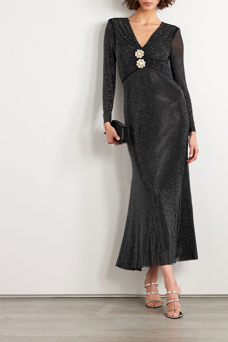 SELF-PORTRAIT Gathered Crystal-Embellished Mesh Midi Dress | endource