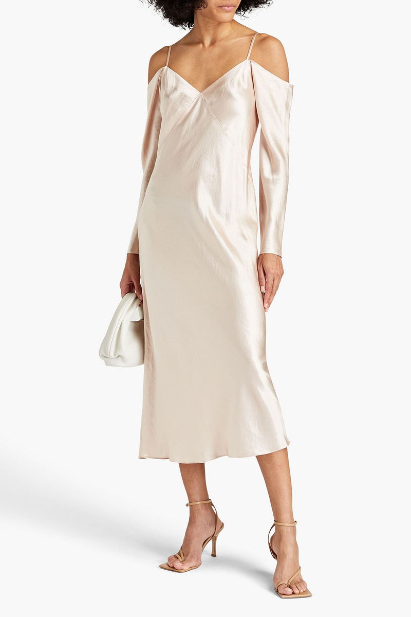vince silk satin midi dress Changing up the silk/satin midi dress for Fall with belts and blazers. This one from @vince is in a color that looks great on everyone. Try styling these great slip dresses with