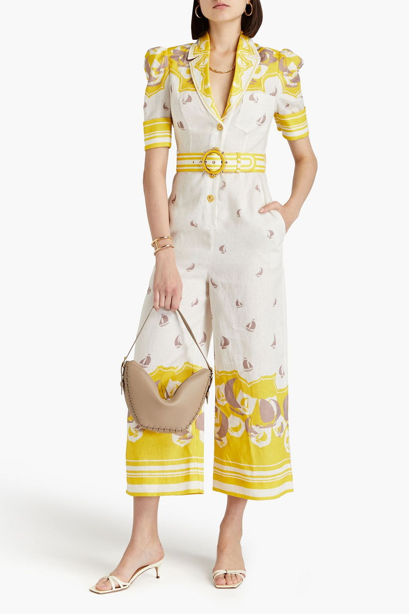 Zimmermann Cropped Printed Linen Wide Leg Jumpsuit In Yellow Endource