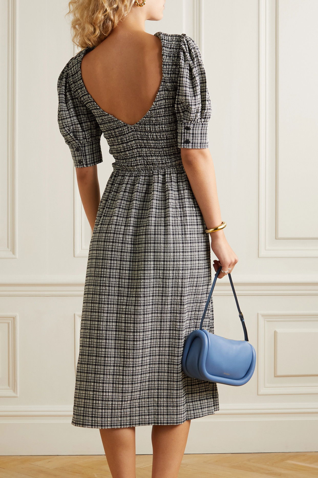 ganni shirred checked cotton-blend seersucker midi dress Ganni Shirred Checked Seersucker Midi Dress Size 32 US XS