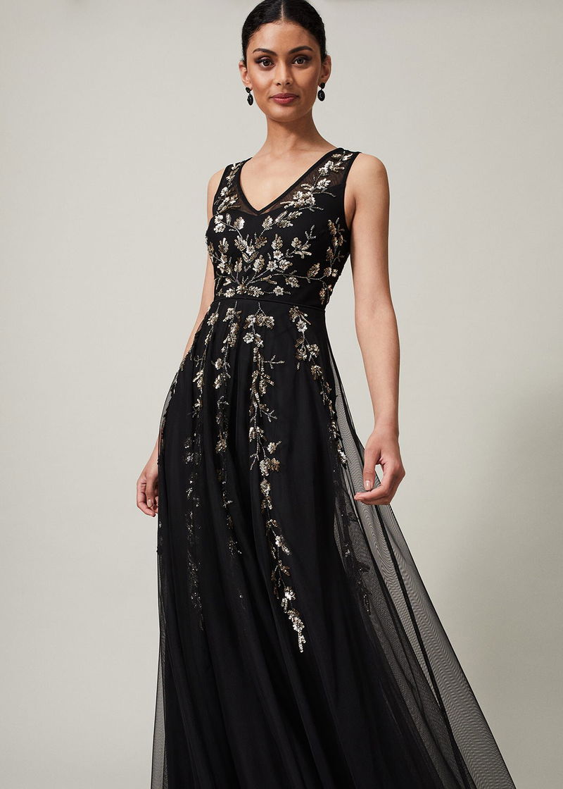 PHASE EIGHT Vanessa Beaded Belt Maxi Dress in Black | Endource