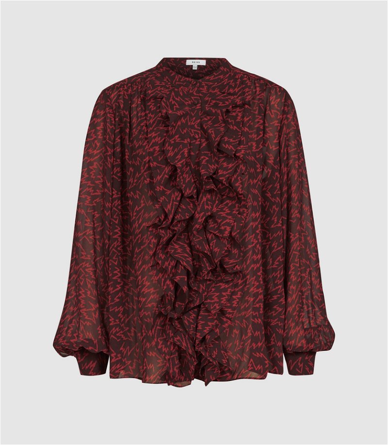 REISS Pippa Ruffled Zig-Zag Printed Blouse in Red