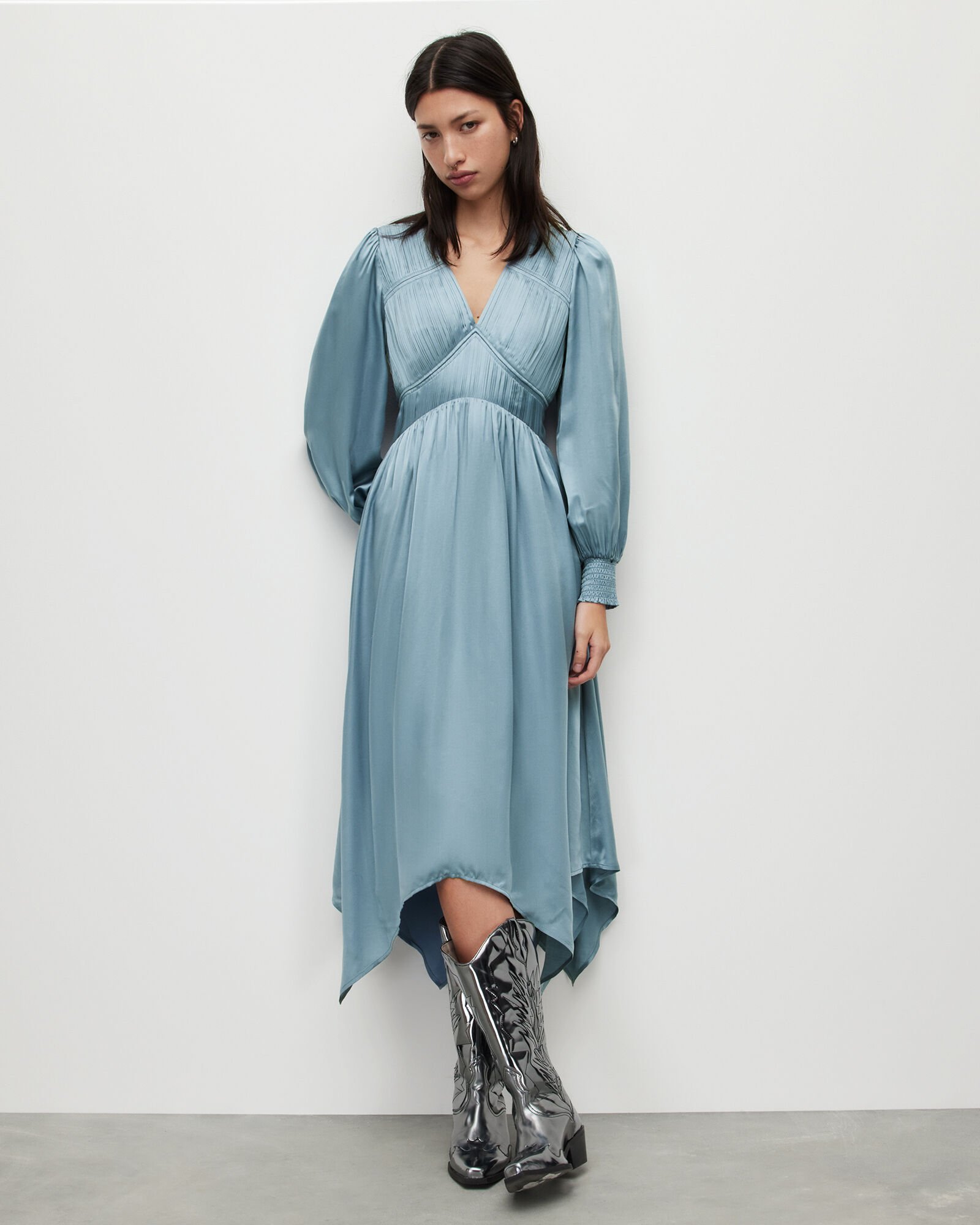 Estelle Ruched Asymmetric Hem Long Sleeve Jersey Midi Dress
