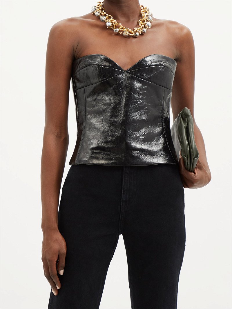 KHAITE Ira strapless cracked-leather bustier top