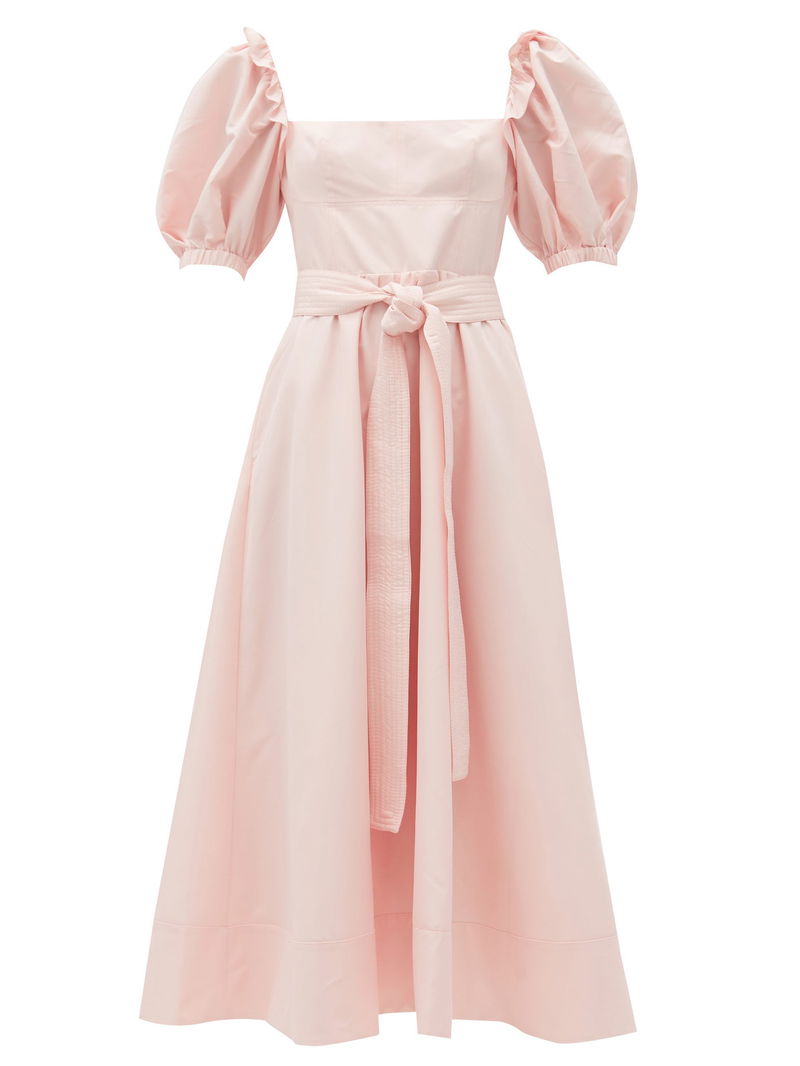 SELF-PORTRAIT Belted Puff-Sleeve Taffeta Midi Dress | Endource