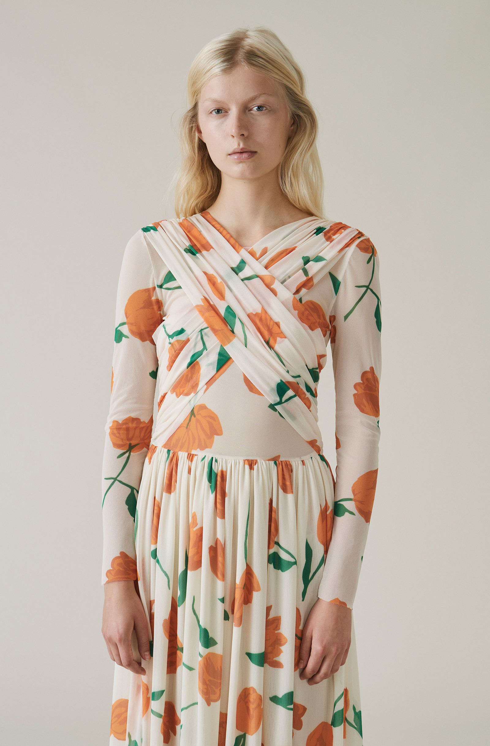 chinese dress ladies Printed Mesh O-neck Ruched Long Dress main image 0