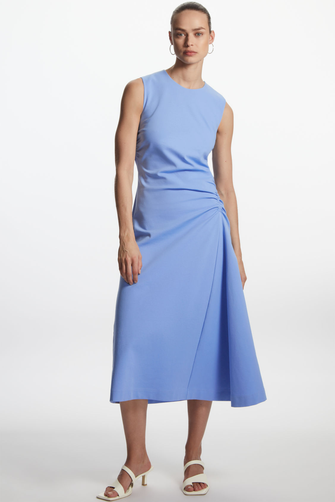 gathered cotton midi dress cos GATHERED-WAIST DRAPED MIDI DRESS - BURGUNDY