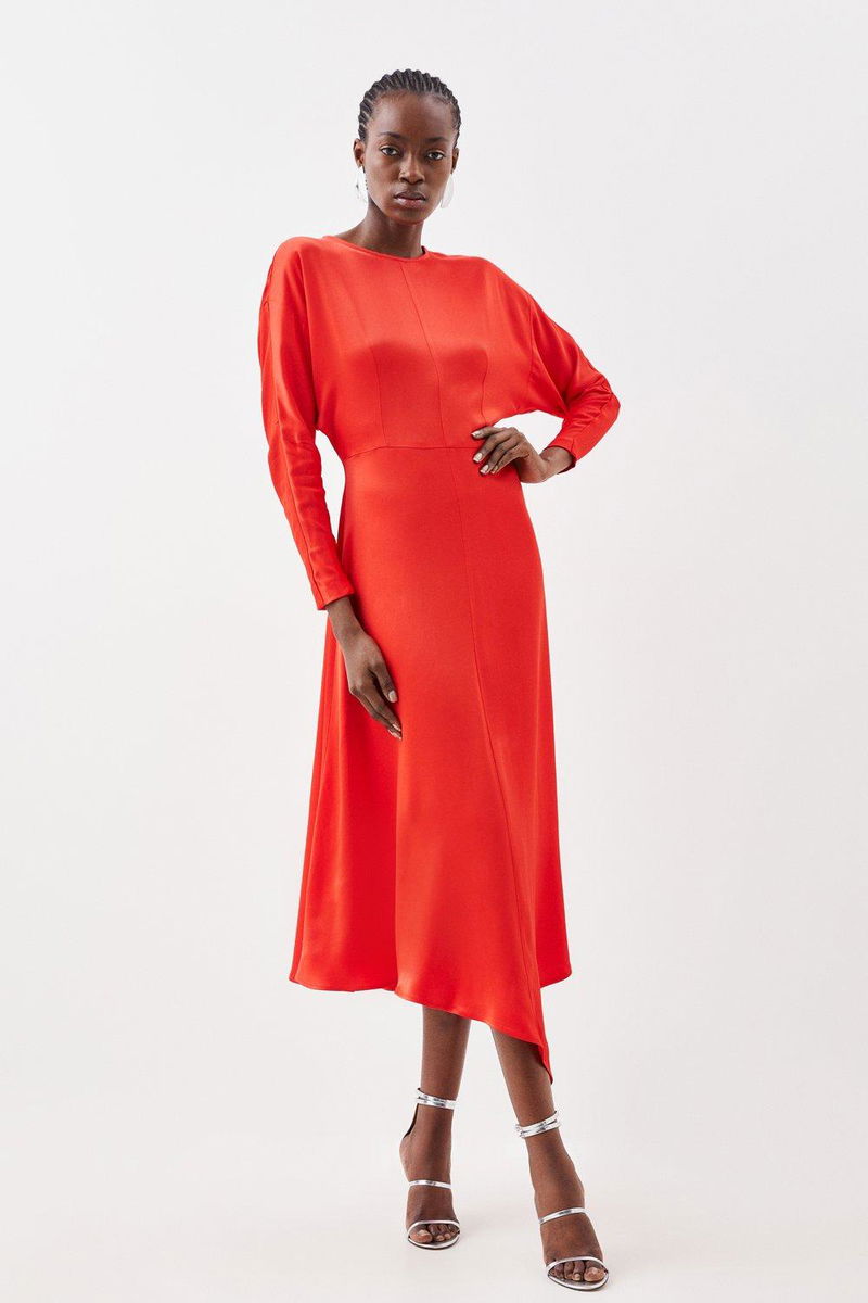 KAREN MILLEN Petite Satin Woven Crepe Long Sleeve Maxi Dress in