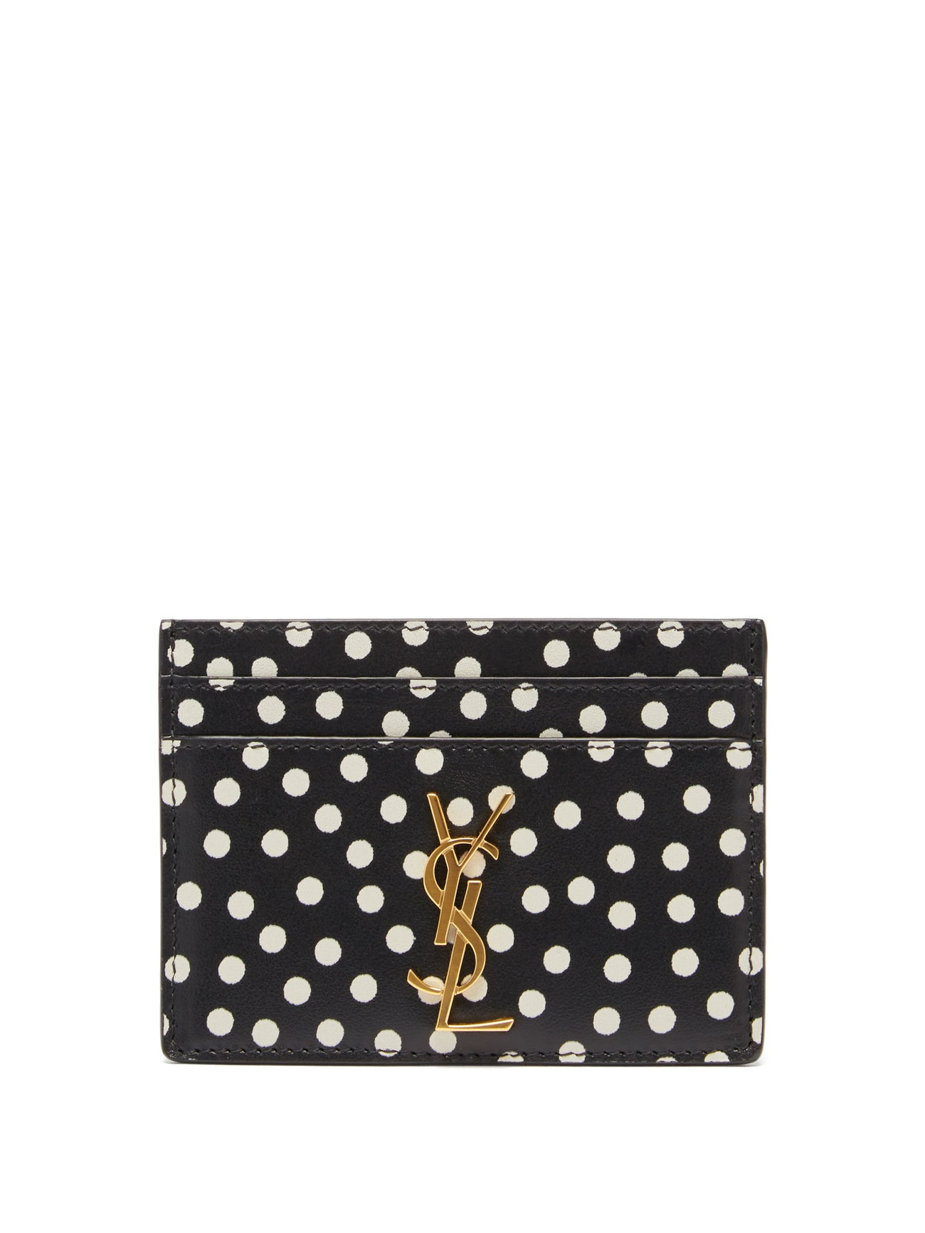SAINT LAURENT YSL-Plaque Polka-Dot Print Leather Cardholder | endource