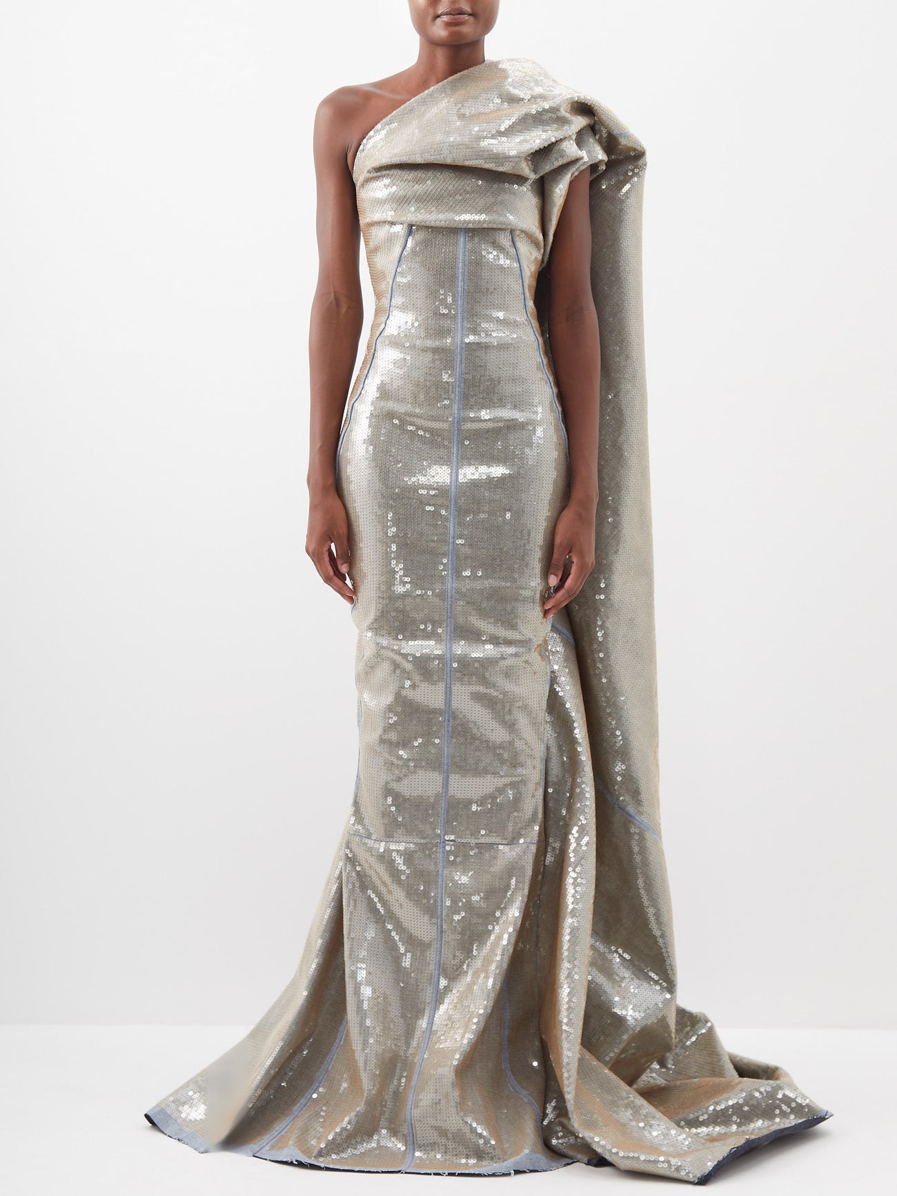 RICK OWENS Aphrodite Asymmetric Sequinned Denim Gown | endource RICK OWENS Aphrodite Asymmetric Sequinned Denim Gown | endource