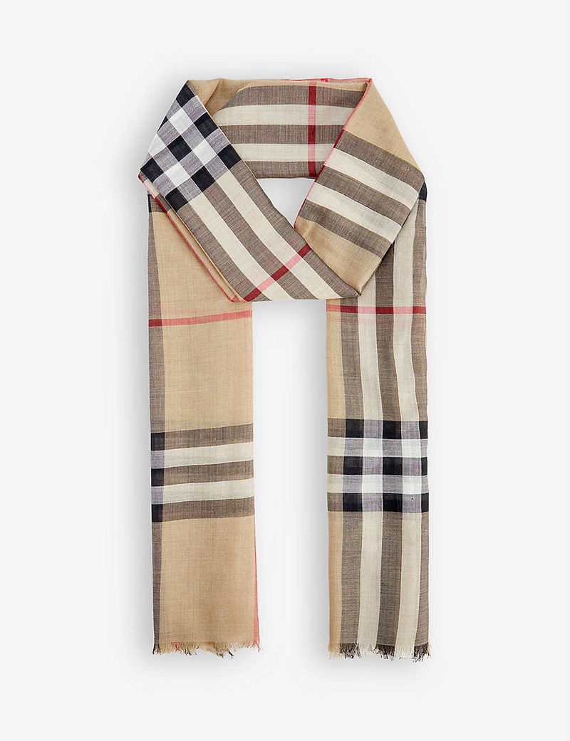 Wool Scarf Burberry Large Check Scarf BURBERRY Giant Check Fringed