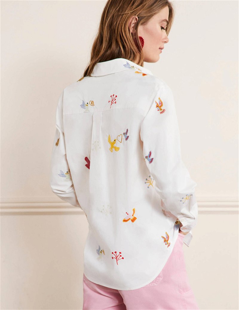 BODEN Relaxed Cotton Shirt in White, Bird Embroidered