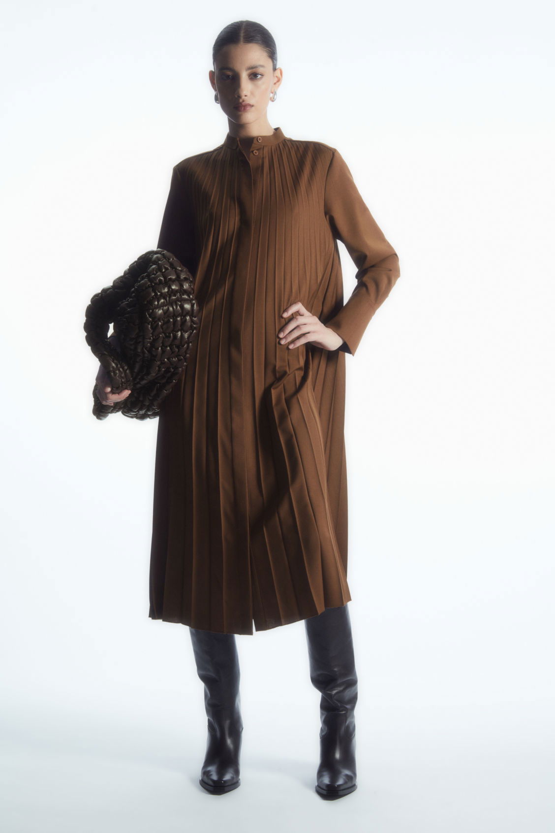 pleated combo dress in stretch wool-blend Stretch Wool-Blend Pleated Combo Dress