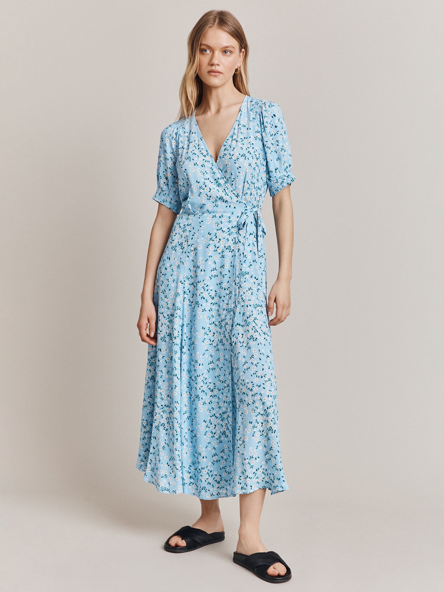 GHOST Ollie Midi Wrap Dress in Blue Floral Endource