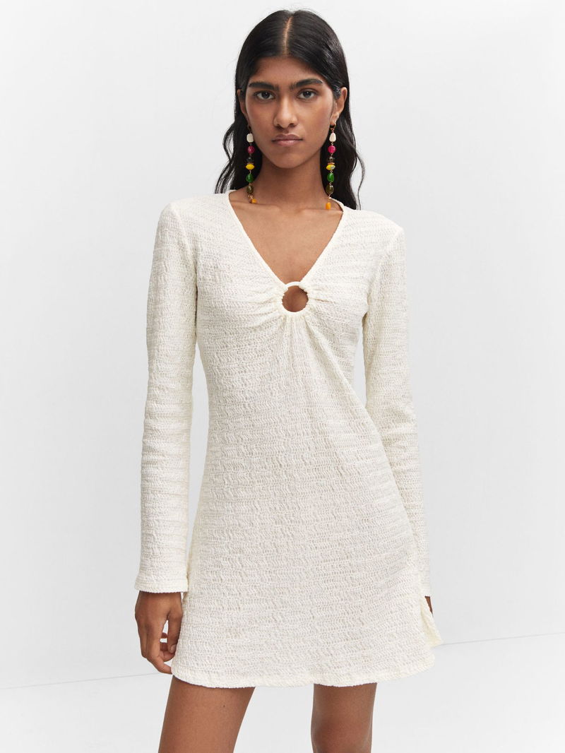 mango textured short dress MANGO - Crinkled-effect Lace Dress Beige