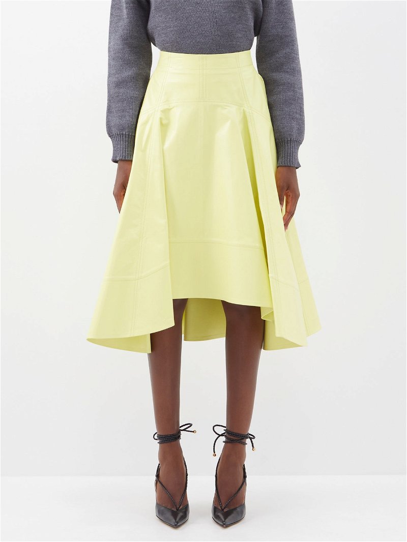 Asymmetrical yellow leather skirt