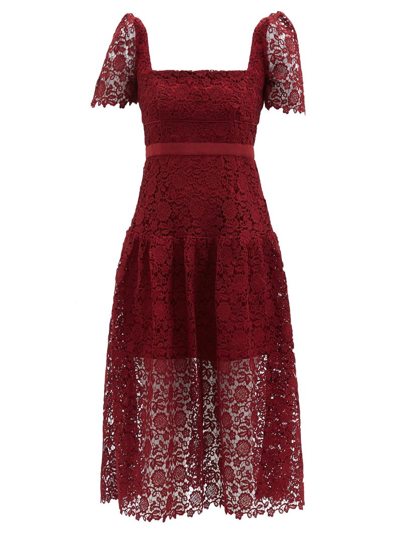 SELF-PORTRAIT Square-Neck Guipure-Lace Midi Dress | endource
