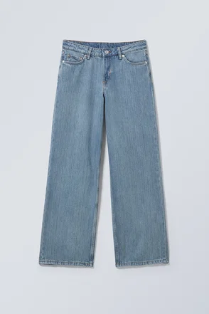 Blue denim wide-leg jeans, front view