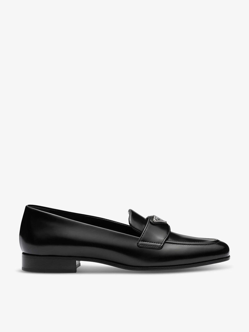 PRADA Brand-Plaque Brushed Leather Loafers endource