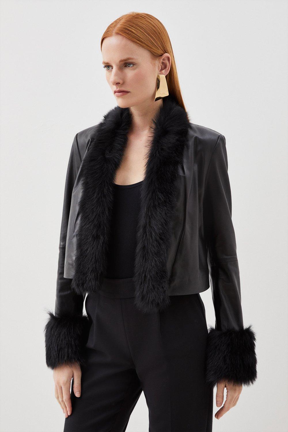 KAREN MILLEN Leather Shearling Cuff & Collar Jacket | Endource