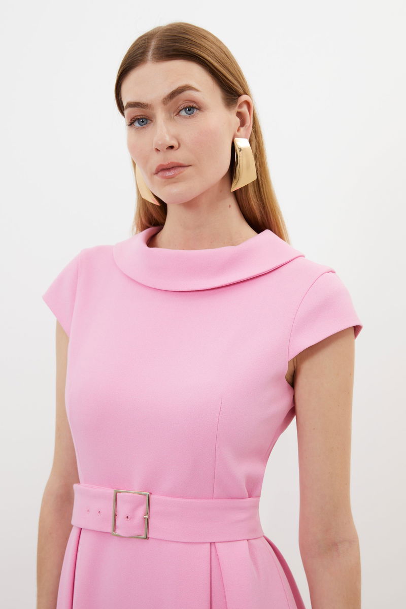 KAREN MILLEN Structured Crepe Roll Neck Dip Hem Cap Sleeve Midi Dress in  Pale Pink