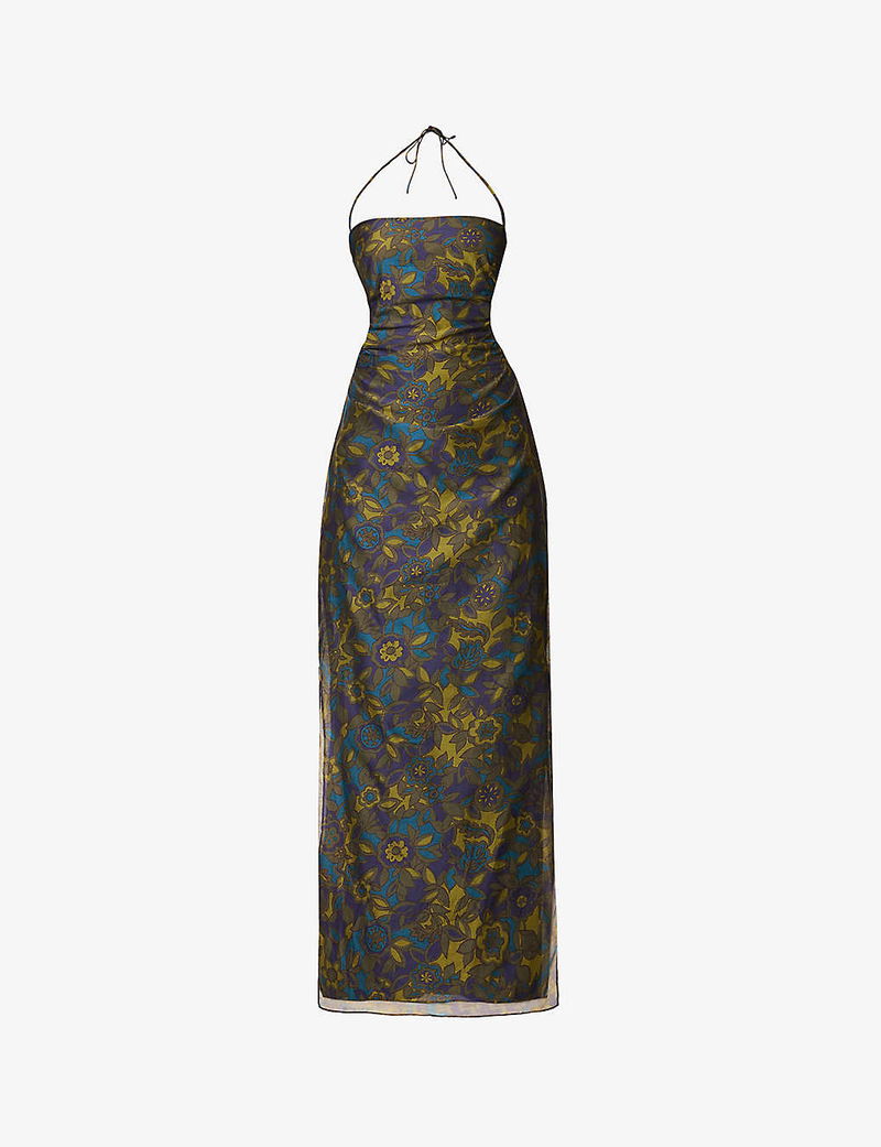 SIR Valerio Halter-Neck Floral-Print Silk-Blend Midi Dress | endource