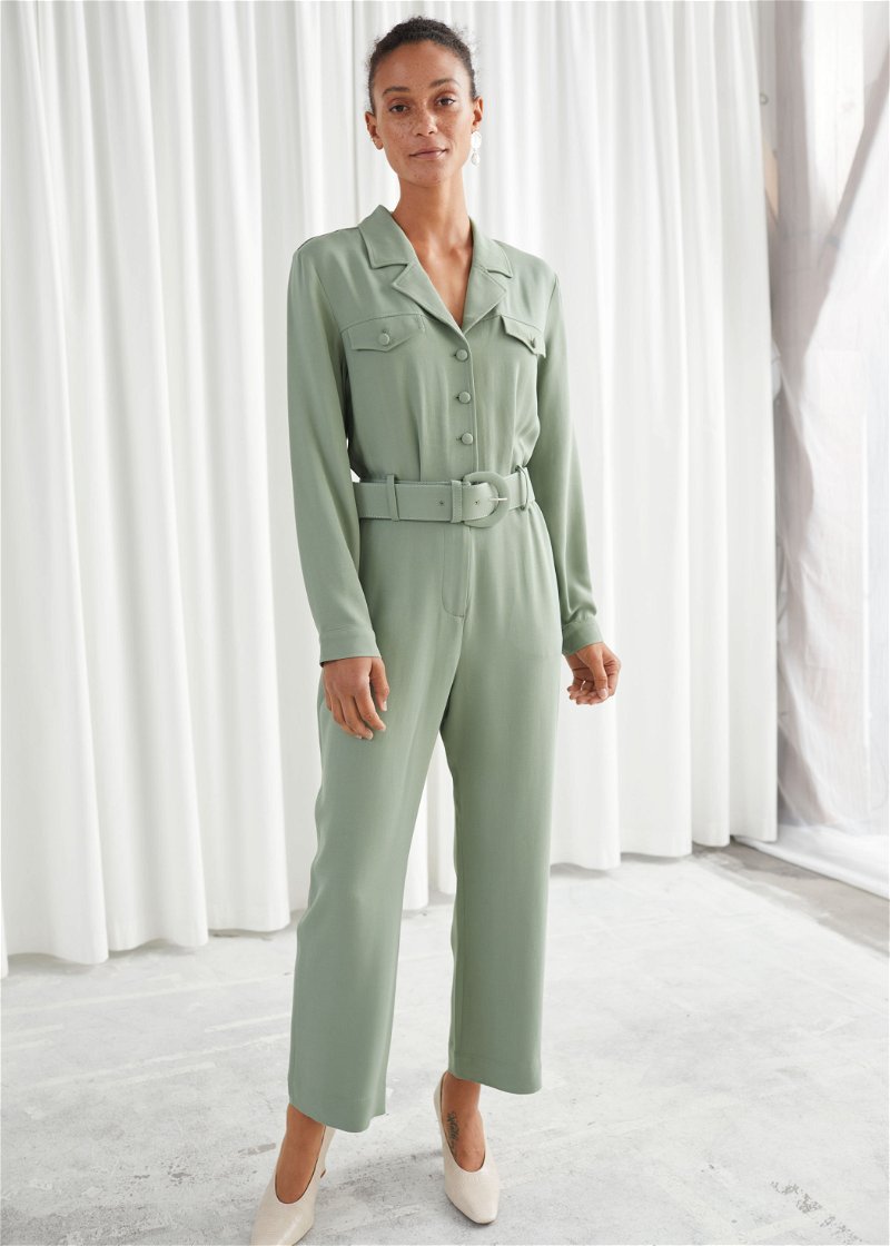  OTHER STORIES Belted Long Sleeve Jumpsuit in Green