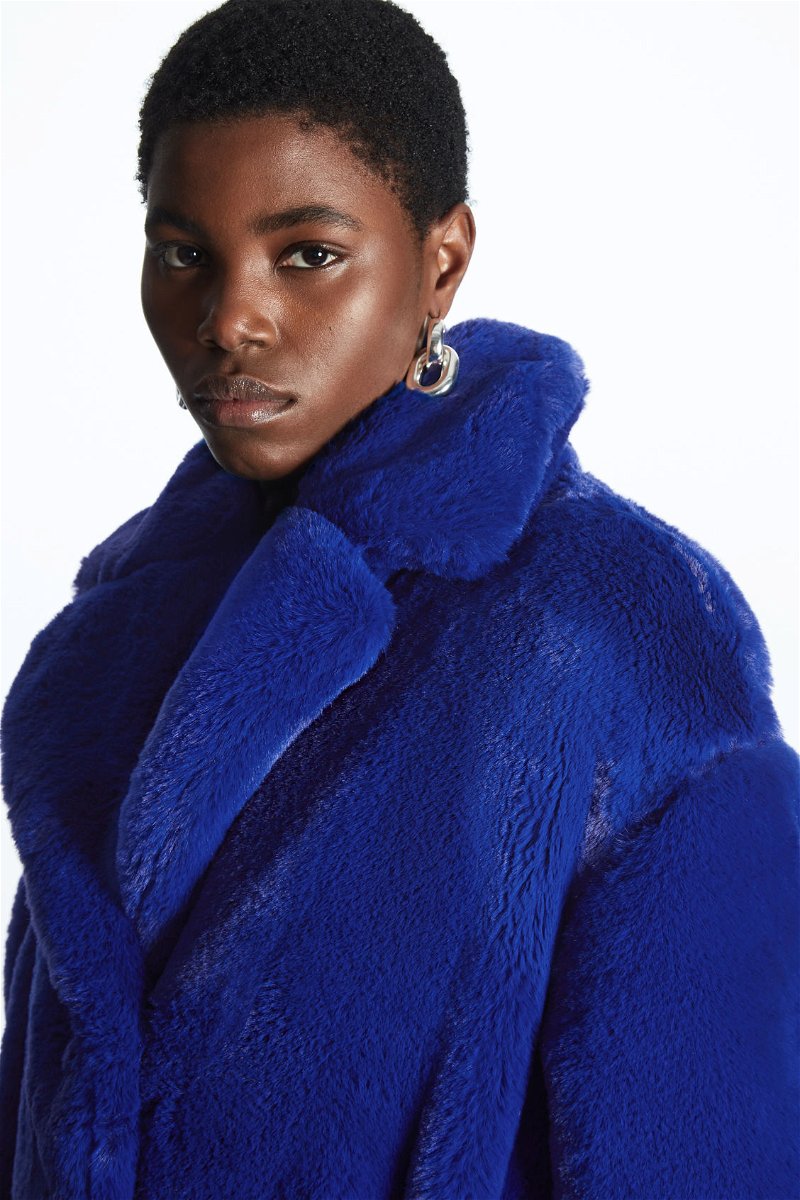 COS Belted Faux Fur Coat in BRIGHT BLUE