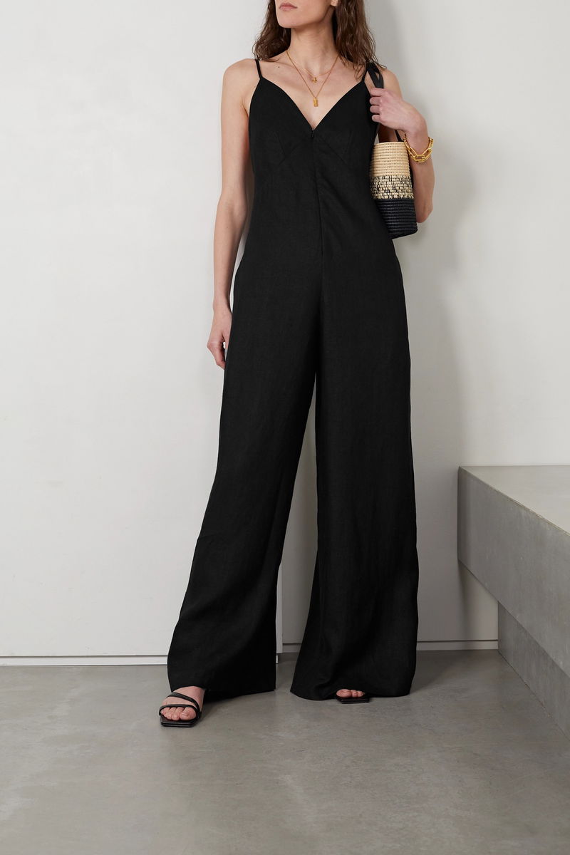 RIVET UTILITY Foxy OpenBack Linen Jumpsuit in Black Endource